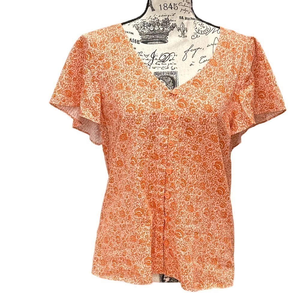 Parker Orange Coral Button Front Short Flutter Sleeve Blouse Womens S